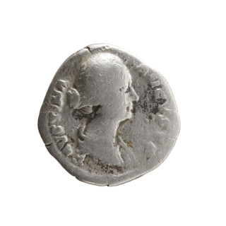 Denarius of Faustina the Younger (ca. 130–176; Roman empress 161–176). Obverse: draped bust of
