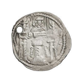 Drachma of Shapur II (ruler of Persia; 309–379). Obverse: Bust of Shapur II facing right, wearing a