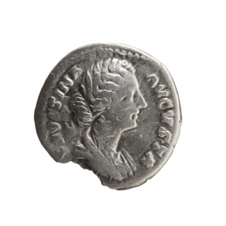 Denarius of Faustina the Younger (ca. 130–176; Roman empress 161–176). Obverse: Bust of Faustina II