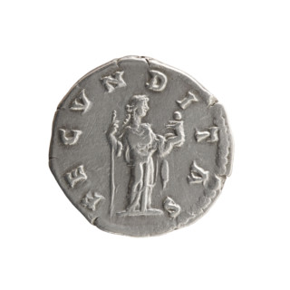 Denarius; obverse: bust of Faustina II in drapery facing right, inscription 'FAVSTINA - AVGVSTA';