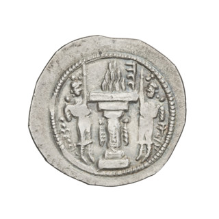 Drachma of Bahram IV (ruler of Persia, 389–399). Obverse: Bust of Bahram IV facing right; wearing a