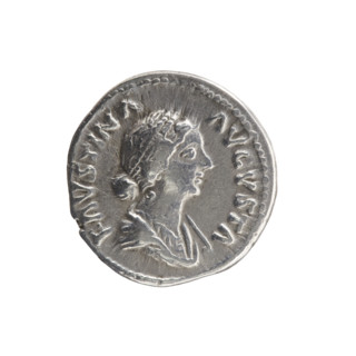 Denarius depicting bust of Faustina II in drapery facing right with inscription FAVSTINA • AVGVSTA;