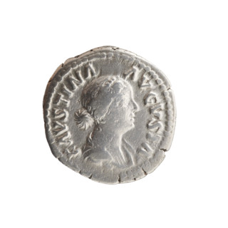 Denarius of Faustina the Younger (ca. 130–176; Roman empress 161–176). Obverse: bust of Faustina II