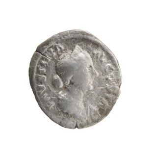 Denarius featuring Faustina the Younger (ca. 130–176; Roman empress 161–176). Obverse: bust of