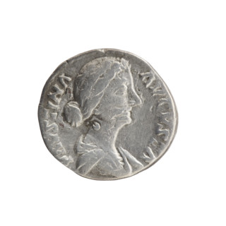 Denarius depicting Faustina the Younger (ca. 130–176), Roman empress (161–176). Obverse: Bust of