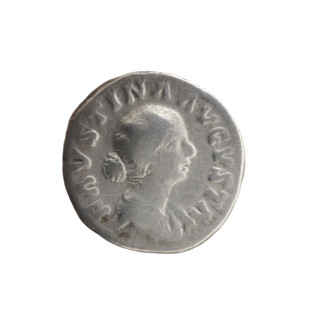 Denarius of Faustina the Younger (ca. 130–176; Roman empress 161–176). Obverse: draped bust of