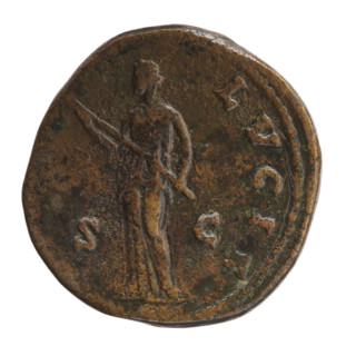 Sestertius; issuer: Marcus Aurelius; obverse: bust of Faustina II in drapery facing right,
