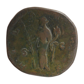 Sestertius of Faustina the Younger (ca. 130–176; Roman empress 161–176). Obverse: Bust of Faustina