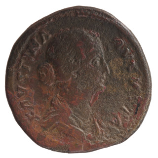 Sestertius (coin), struck 161–176 CE. Obverse: bust of Faustina the Younger in drapery facing