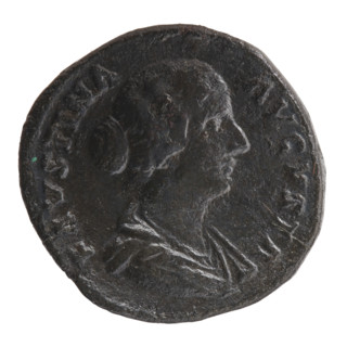Sestertius of Faustina the Younger (ca. 130–176; Roman empress 161–176). Obverse: draped bust of