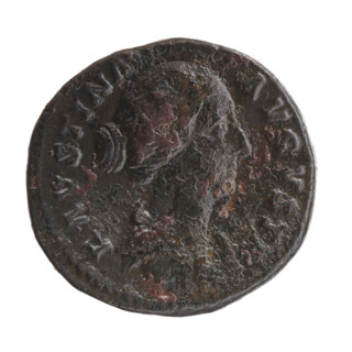 Dupondius/as of Faustina the Younger (ca. 130–176; Roman empress 161–176) and Marcus Aurelius
