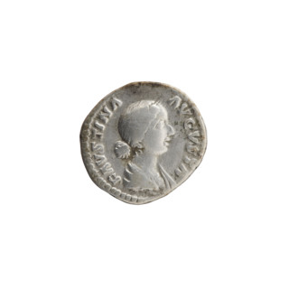 Denarius of Faustina the Younger (ca. 130–176; Roman empress 161–176). Obverse: Bust of Faustina II