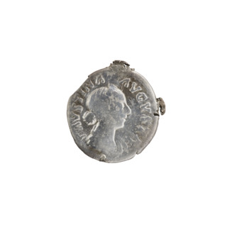 Denarius (element of decoration). Obverse: Bust of Faustina the Younger (ca. 130–176; Roman empress