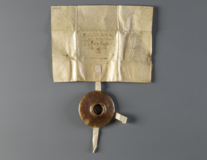 Majestic wax seal with a document: Agnieszka (Duchess of Swidnica; 1368–1392). Princely/rulers'