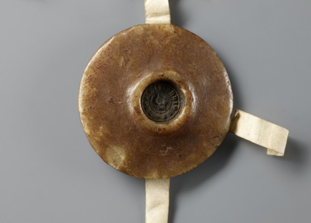Majestic wax seal attached to a document, Agnieszka (Duchess of Swidnica; 1368–1392).