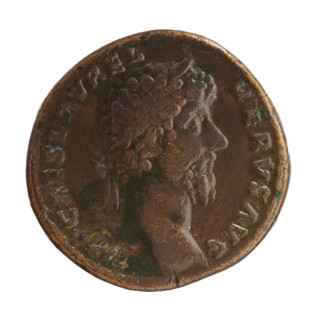 Sestertius of Lucius Verus (130–169; Roman emperor 161–169). Obverse: Head of Lucius Verus with