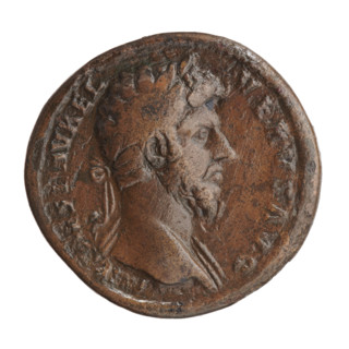 Sestertius of Lucius Verus (130–169; Roman emperor 161–169). Obverse: head of Lucius Verus with