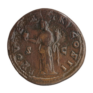 Sestertius of Lucius Verus (130–169; Roman emperor 161–169). Obverse: head of Lucius Verus with