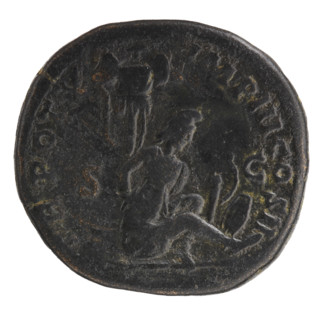 Sestertius of Lucius Verus (130–169; Roman emperor 161–169). Obverse: Head of Lucius Verus with