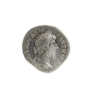 Denarius of Lucius Verus (130–169; Roman emperor 161–169). Obverse: Head of Lucius Verus in laurel