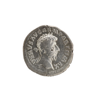 Denarius of Lucius Verus (130–169; Roman emperor 161–169), issued 165. Obverse: Head of Lucius