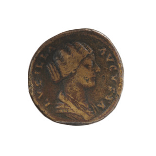 Sestertius, 164–169 CE. Obverse: Bust of Lucilla in drapery facing right, inscription LVCILLA ·