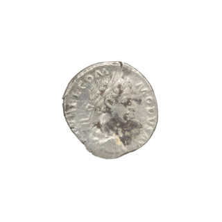 Denarius of Commodus (r. 177–192). Obverse: bust of Commodus wearing a laurel wreath, drapery and
