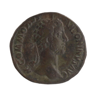 Sestertius of Commodus (r. 177–192). Obverse: Head of Commodus in a laurel wreath facing right,