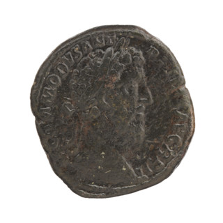 Sestertius of Commodus (161–192; Roman emperor 177–192). Obverse: Head of Commodus in a laurel