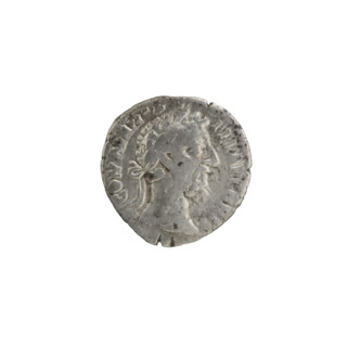 Denarius of Commodus (reigned 177–192). Obverse: Head of Commodus in a laurel wreath facing right,