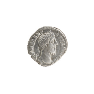 Denarius of Commodus (161–192; Roman emperor 177–192). Obverse: Head of Commodus in a laurel wreath