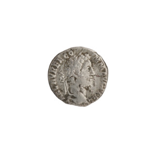 Denarius of Commodus (161–192 CE). Obverse: Head of Commodus in laurel wreath facing right,
