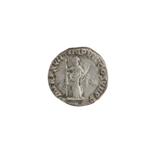 Denarius of Commodus (reigned 177–192). Obverse: Head of Commodus in laurel wreath facing right,