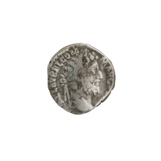 Denarius of Commodus (reigned 177–192). Obverse: Head of Commodus in laurel wreath facing right,
