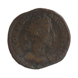Sestertius of Commodus (reigned 177–192). Obverse: Head of Commodus in a laurel wreath to the