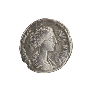 Denarius; obverse: bust of Crispina in drapery facing right, inscription 'CRIS[PIN]A AVGUSTA' (CRIS