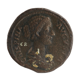 Sestertius, Crispina (164–192?; Roman empress 178–191) and Commodus (161–192; Roman emperor