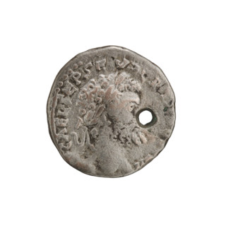 Denarius (with a hole). Roman deities: Fortuna; Septimius Severus (Roman emperor, 146–211) —