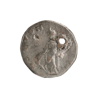 Denarius (with a hole). Obverse: Head of Septimius Severus with a laurel wreath facing right, pearl
