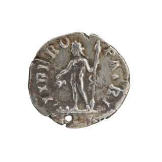 Denarius (with a hole). Obverse: Head of Septimius Severus in a laurel wreath facing right,