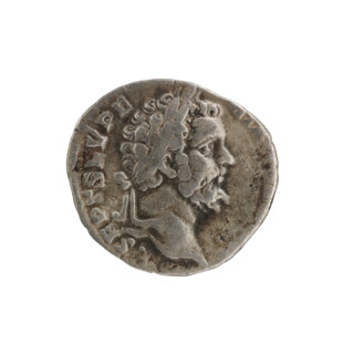 Denarius; obverse: Head of Septimius Severus in a laurel wreath facing right, inscription L SEPT