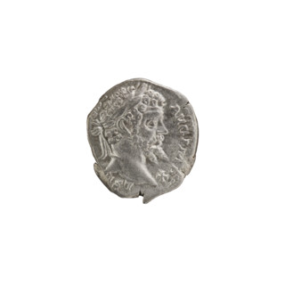 Denarius; Obverse: Head of Septimius Severus with laurel wreath facing right, pearl rim,
