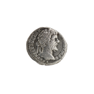 Denarius; Obverse: Head of Septimius Severus in a laurel wreath facing right, pearl rim; legend