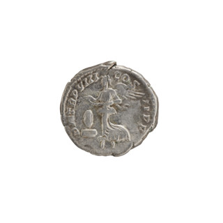 Denarius, Roman; obverse legend SEVERVSAVG, MAX. Head of Septimius Severus in a laurel wreath
