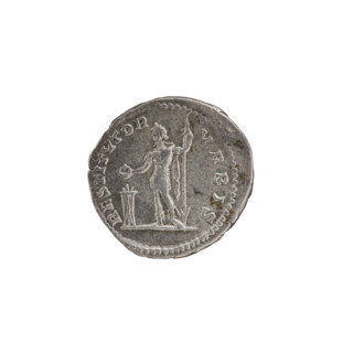 Denarius, Septimius Severus (Roman Emperor; 146–211) — iconography: tripods; emperor standing in