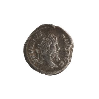 Denarius showing standing emperor and tripod iconography. Obverse: SEVERVS PIVS AVG — head of