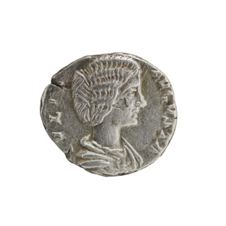 Denarius of Julia Domna (ca. 160–217), Roman empress (193–211). Obverse: VLIA AVGVSTA — bust of