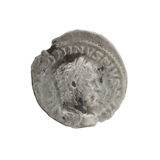 Denarius of Elagabalus (reigned 218–222 CE), Roman Empire. Obverse: Bust of Elagabalus with laurel