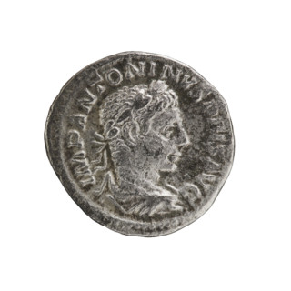 Denarius of Elagabalus (reigned 218–222 CE), Roman Empire, 220–222. Obverse: Bust of Elagabalus