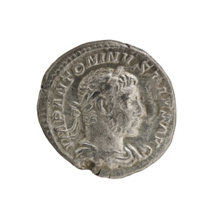 Denarius of Elagabalus (reigned 218–222). Obverse: Bust of Elagabalus with a laurel wreath and